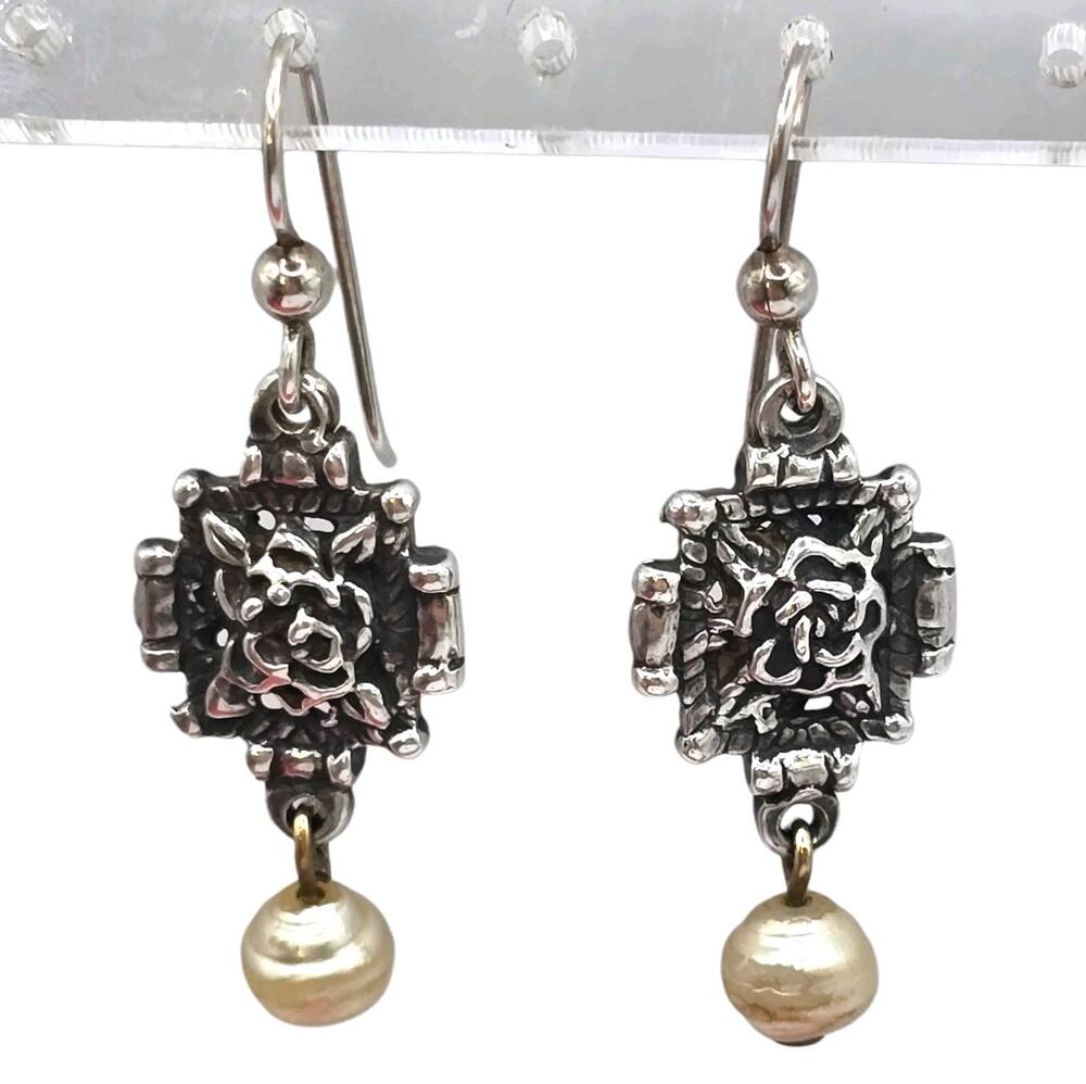 Earrings Floral Ornate Vintage Imitation Pearl Bead Sterling Silver Dangle S3129